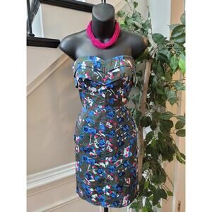 Rachel Rachel Roy Strapless Dress Women's Size 4 Green Floral Fitted Sleeveless